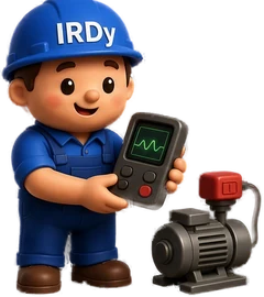 IRDy, the IRD Mechanalysis mascot, a field engineer in a blue IRDy hard hat holding a vibration analyser beside a motor-pump