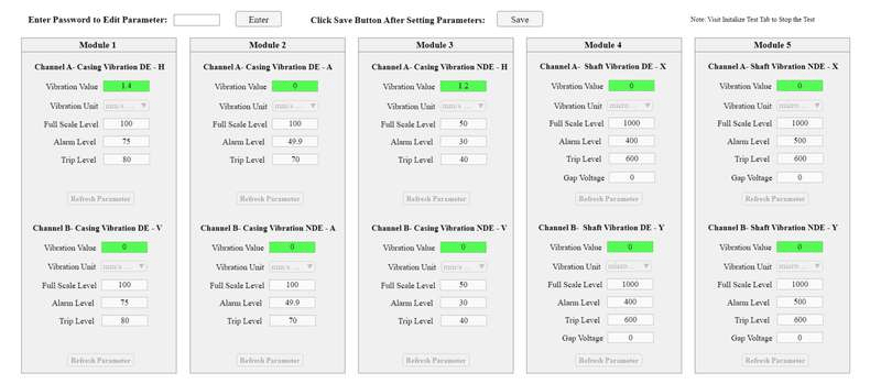 OLIVER Configuration screen with unit, full scale, alarm and trip levels per channel