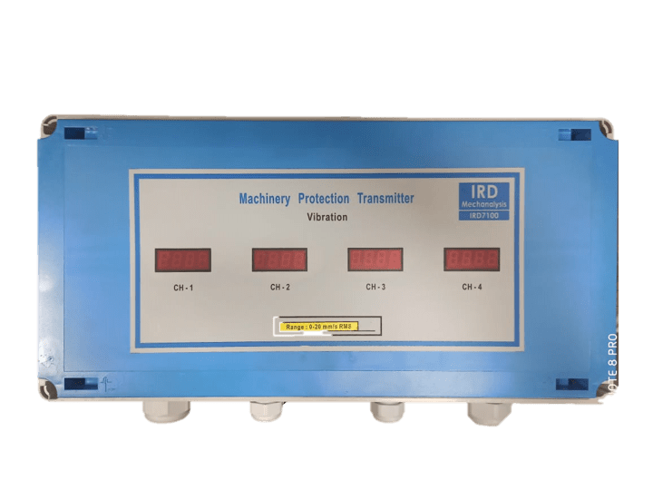 IRD7100, Four Channel, Piezo Velocity Sensor Input, Custom Range rms, Polycarbonate IP65, Digital Display, 240VAC Supply.