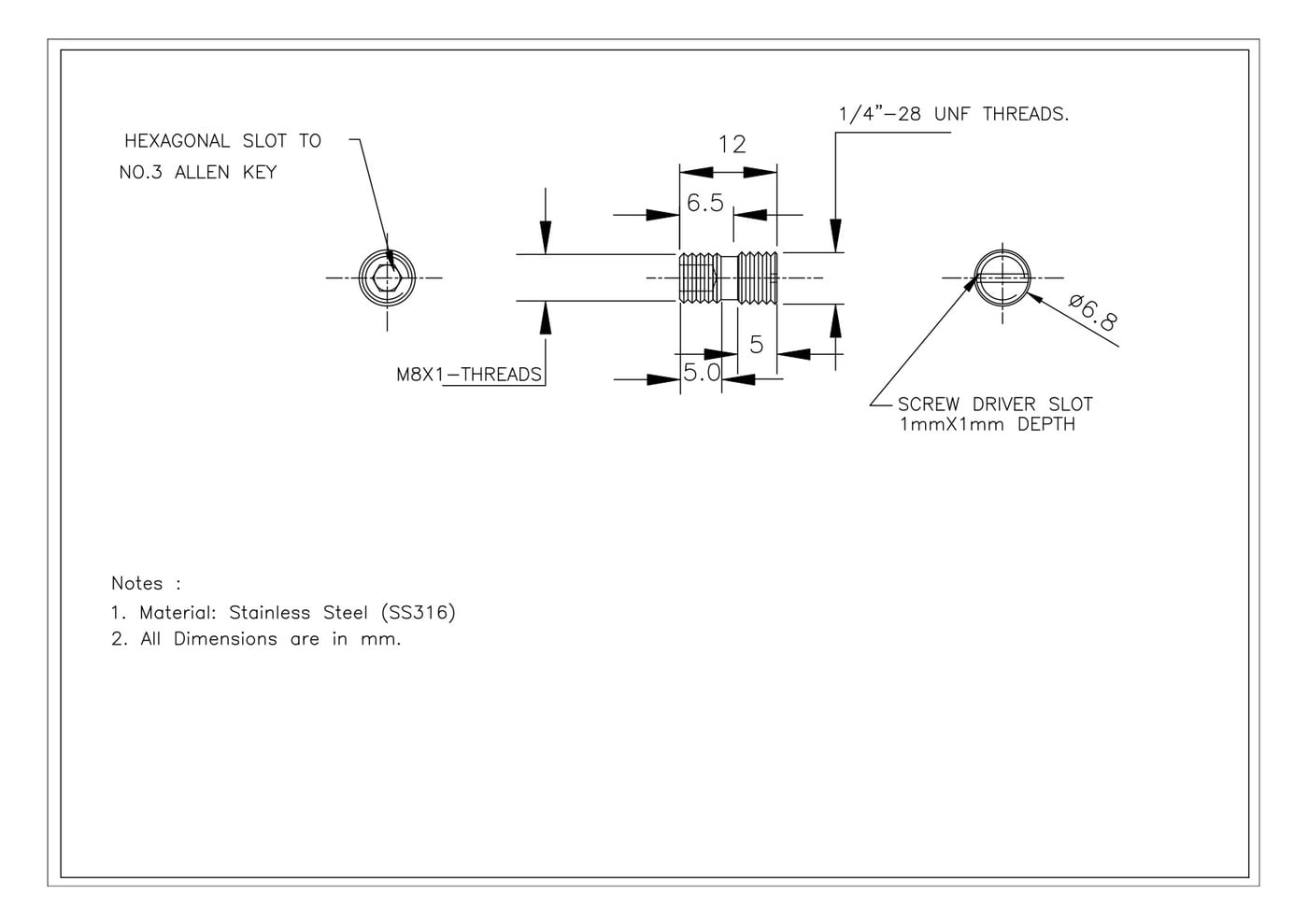 Stud, Mounting Grub Screws, 1/4"28UNF Male, M8 X 1 Male